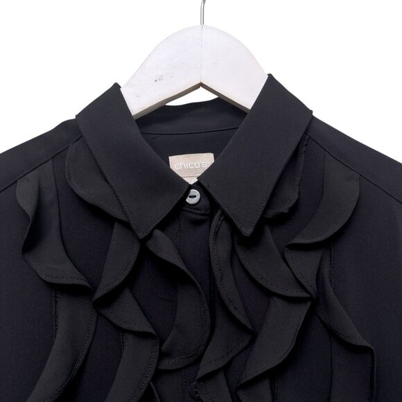 CHICO'S Black Ruffle Blouse Small (Chicos 1) Womens Top Long Sleeve Button Up - Picture 3 of 9